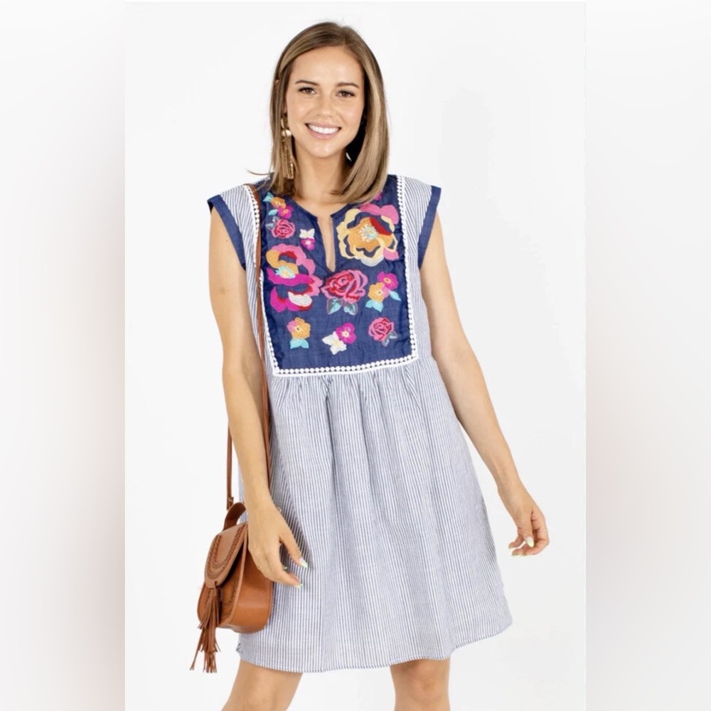 Anthropologie Navy Striped Tunic with Multicolor Floral Embroidery
